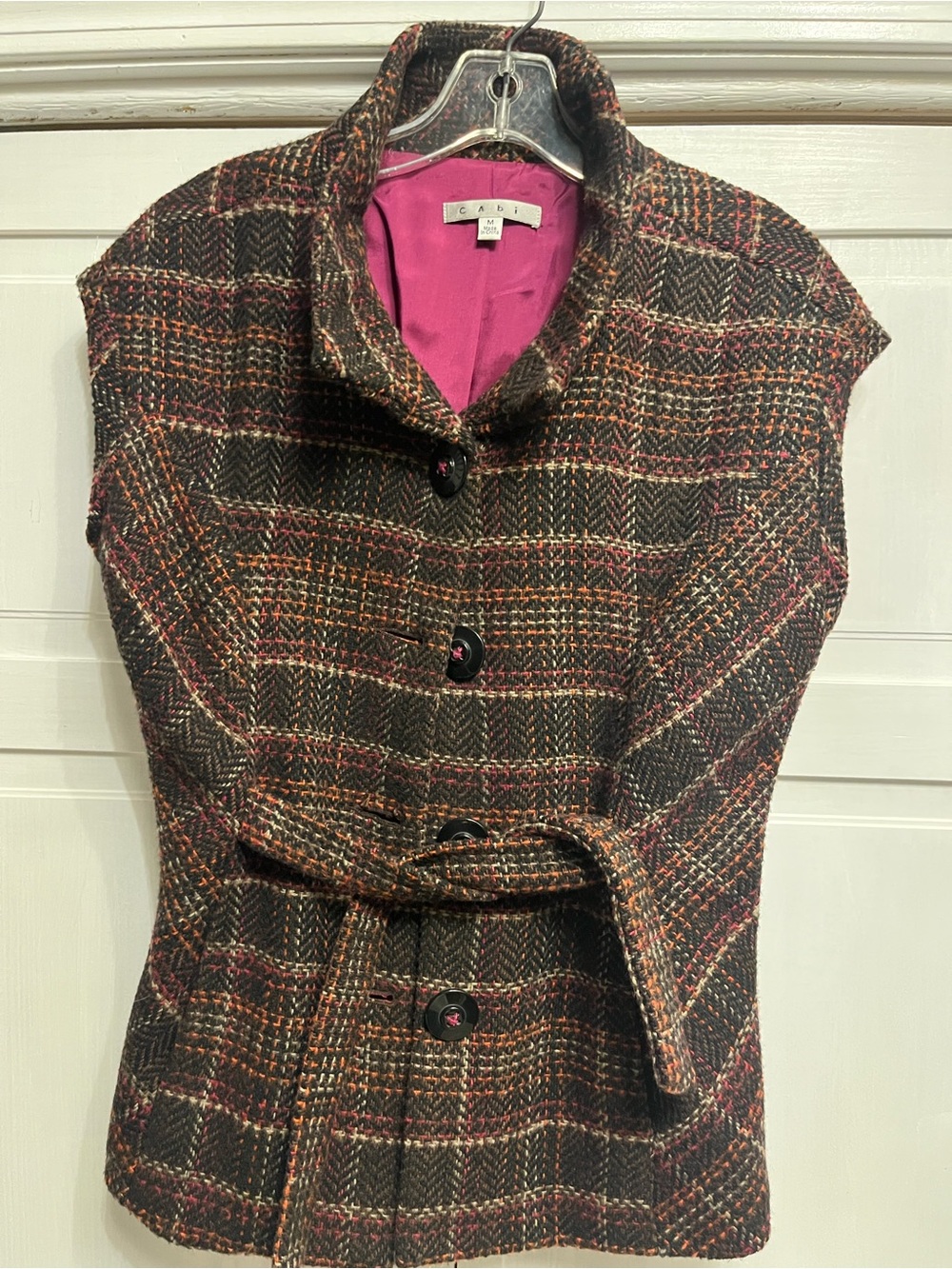CAbi Tweed Plaid Belted Vest Size M | Wool Blend Herringbone Waistcoat